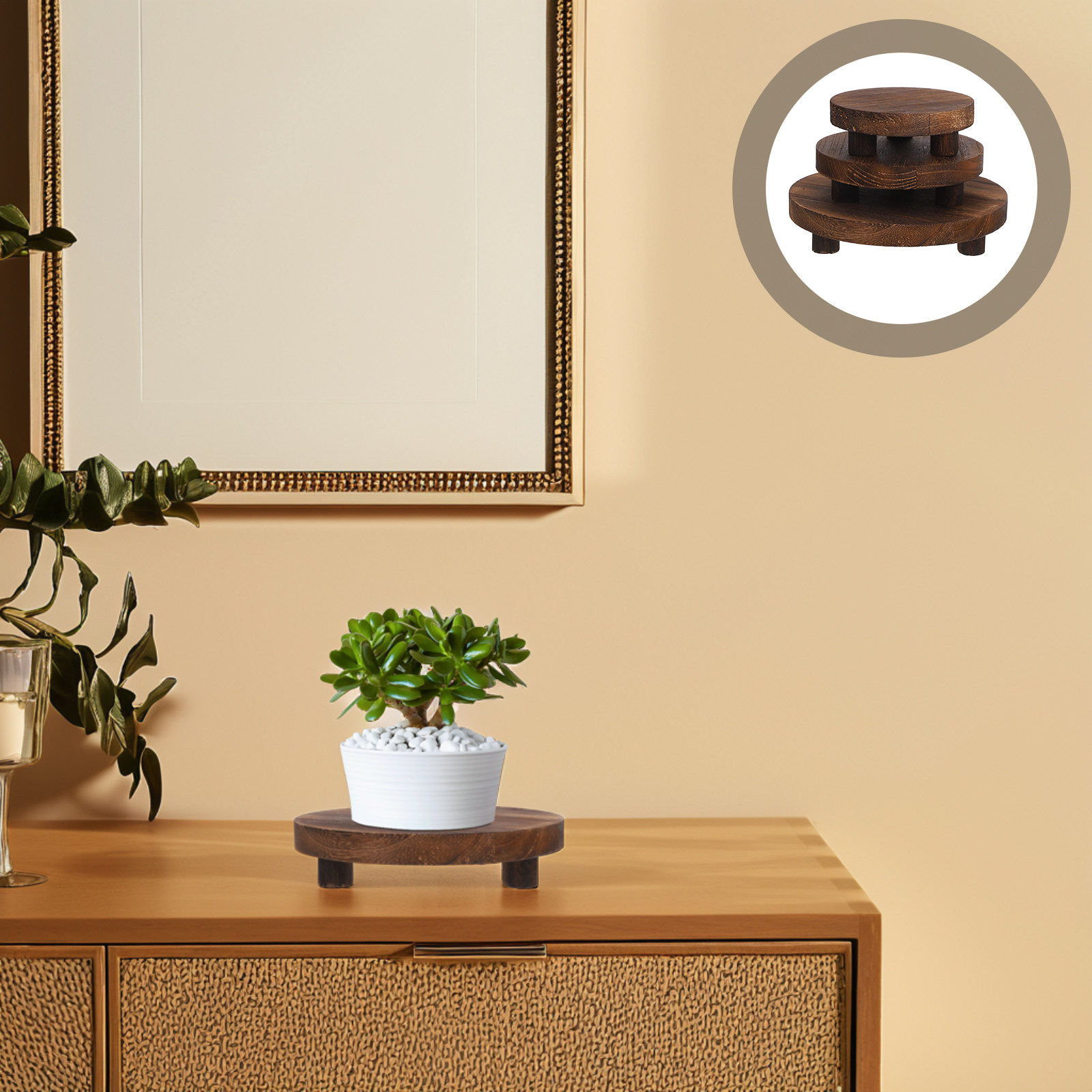 Display Risers Set - 3-delige houten plantenstandaardset, natuurlijke afwerking, bloempotstandaard,